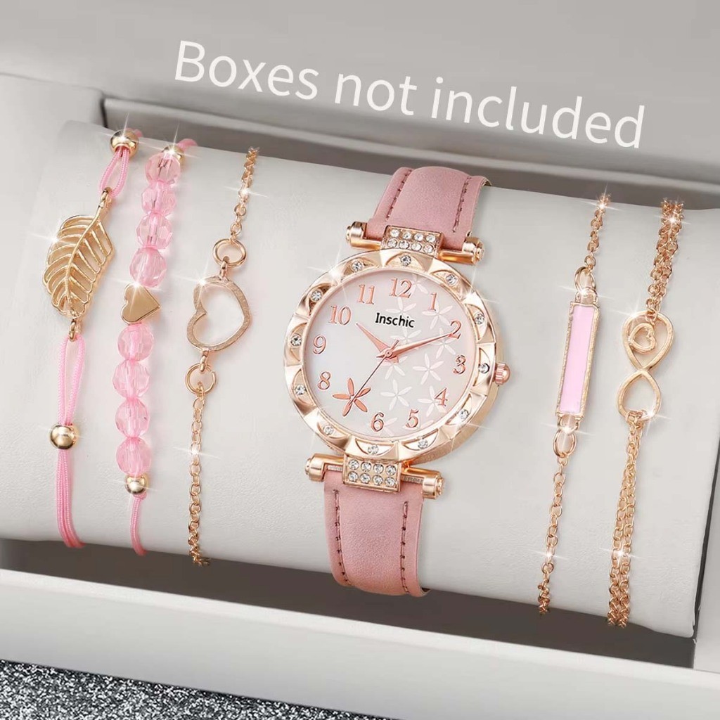 Terbaru 5PcsIns Jam Tangan Kuarsa Wanita Wanita Bunga Kuarsa Jam Tangan Arab Digital Dial Gelang Set