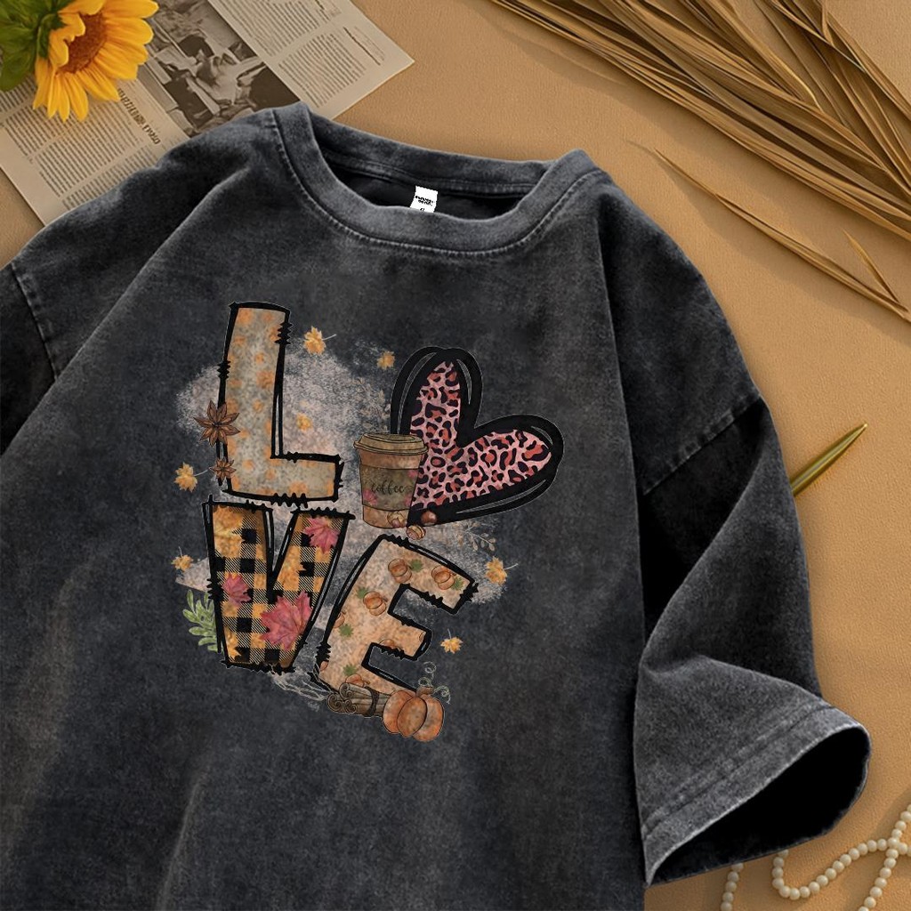 Tshirt Lengan Pendek Kaos Oversize Terbaru Motif Love Baju Kaos Oversize Warna Hitam Washed Baju Dis