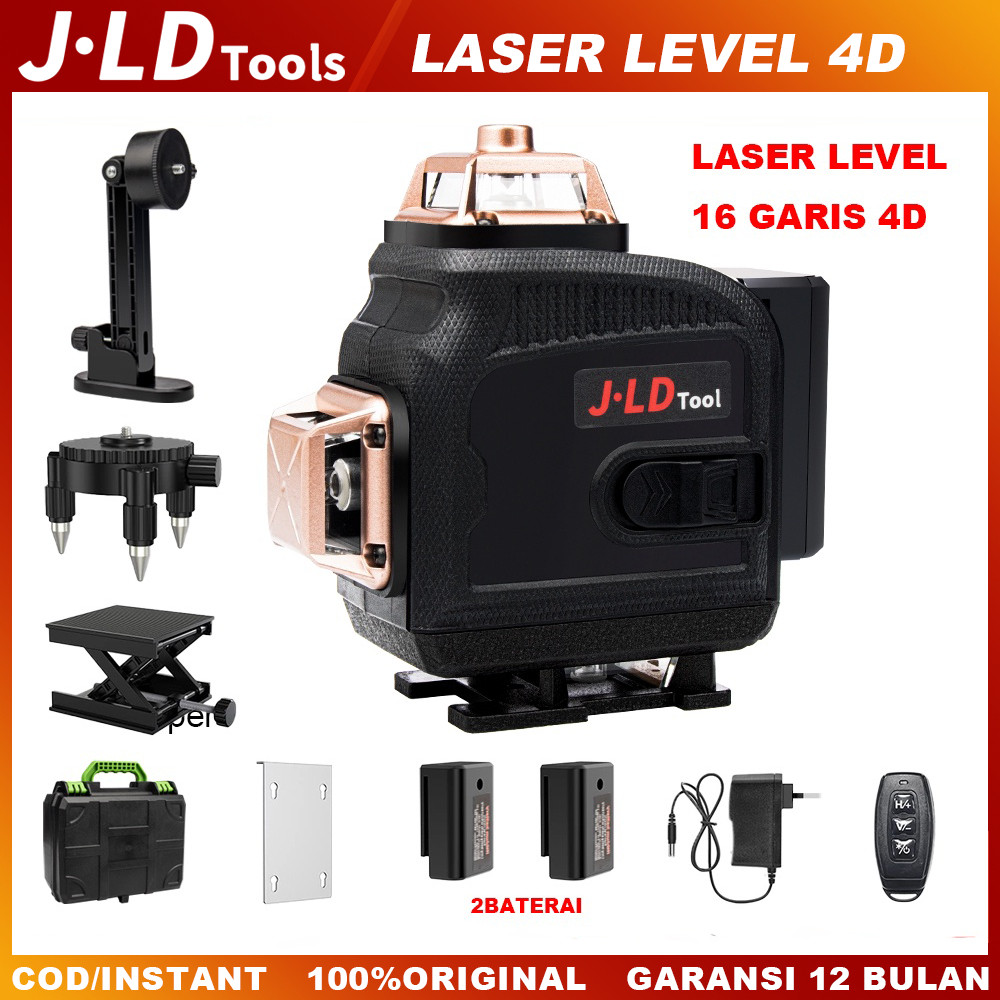 JLD Laser Level 4D 16 Line Self Leveling Garis Pakai Remot 2Baterai  Tingkat Self leveling 360° leve