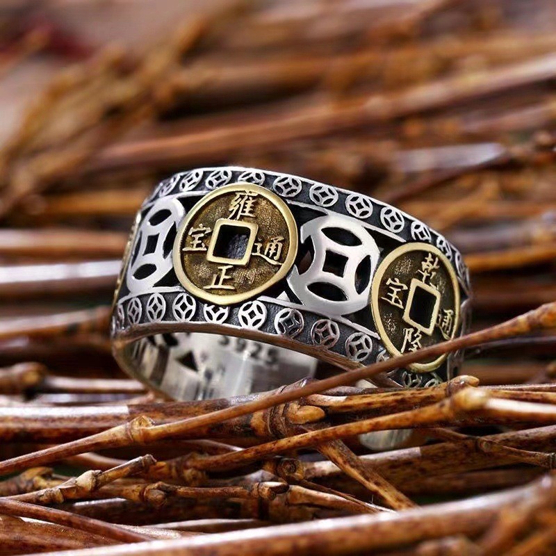 polos perak lima kaisar uang Guochao cincin pria Thai perak terbuka cincin pria trendi pria lebar