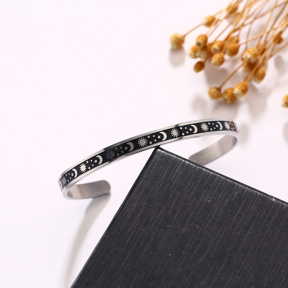 Gelang Stainless Steel Gelang Terbuka Baja Gelang Bintang Bulan Matahari Gelang Pria