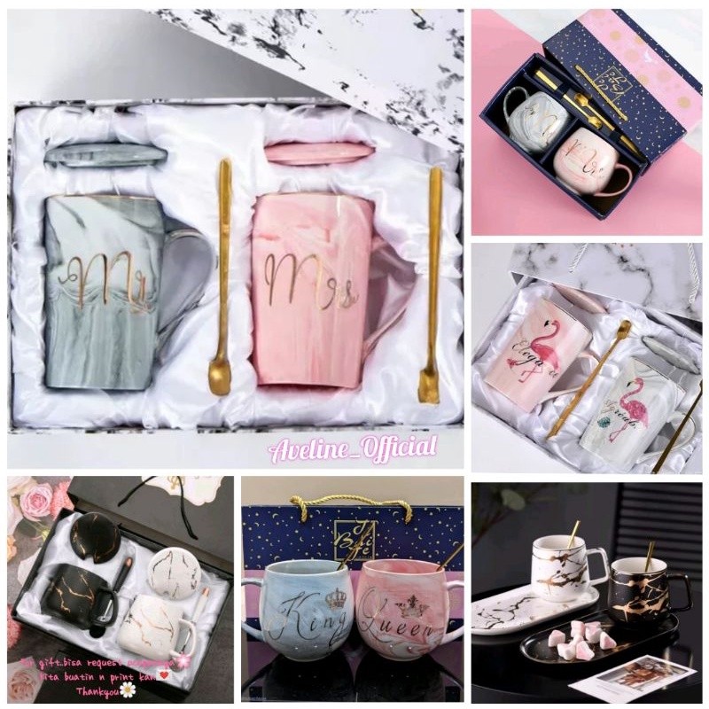 Aveline Hampers Gelas Marble Glass Couple / Canada Marble Mug Gift Box / Gelas Marble Tutup / Hamper