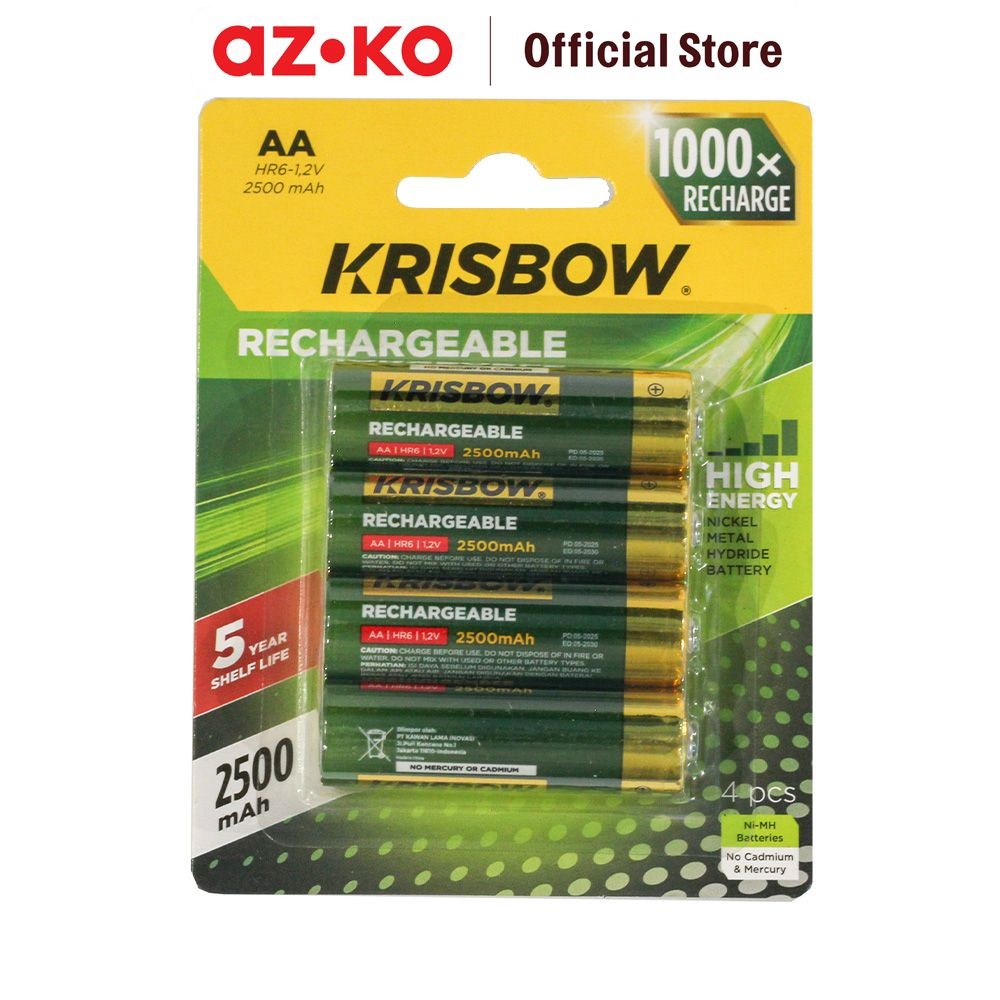 AZKO Krisbow Set 4 Pcs Baterai Aa Rechargeable 2500 Mah - Hijau Batre Isi Ulang Peralatan Elektronik