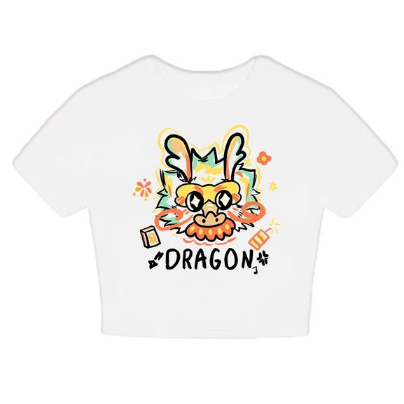 （✅COD） (Pengiriman dalam waktu 24 jam)Kaos Crop Top Putih dengan Desain Kepala Naga Kartun Warna War