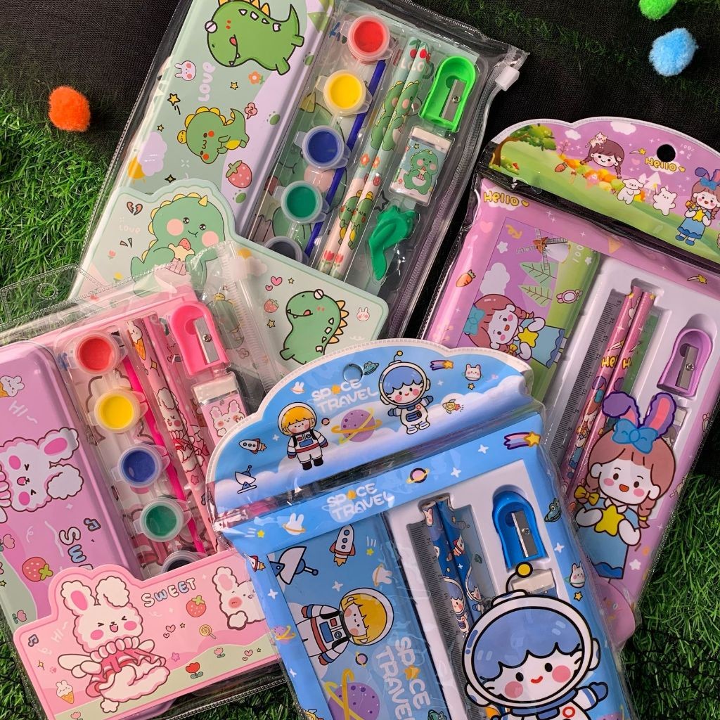 Paket Alat Tulis Anak TK SD Study Set 9549 & 9926  Karakter Kartun Stationery Set
