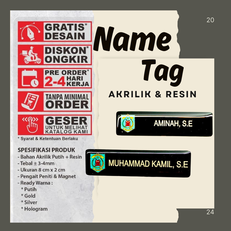 Name Tag Nama Dada Nama Dokter Akrilik Magnet Peniti Gold Silver