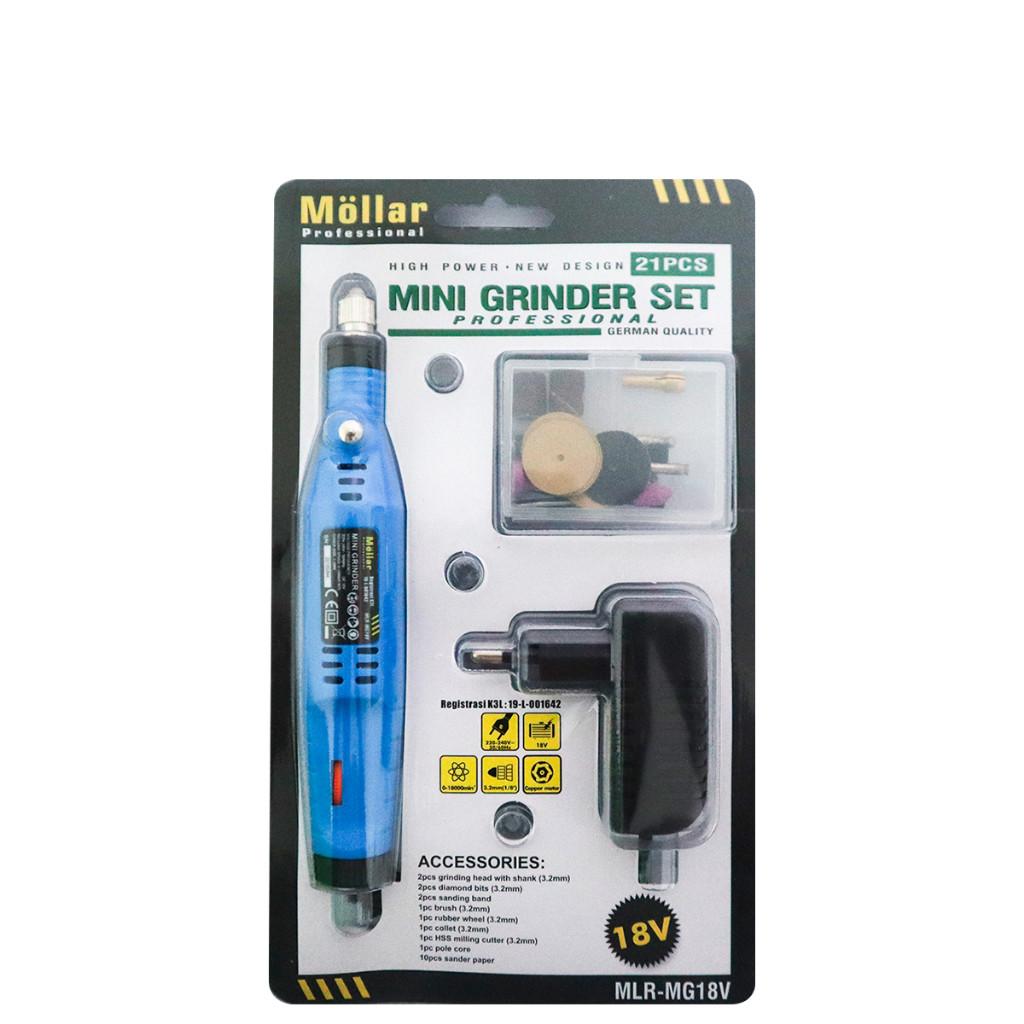 MIRAL_SHOP MOLLAR MG18V Mini Grinder Set 21 Pcs Bor Gerinda Tuner 18V Blister Original