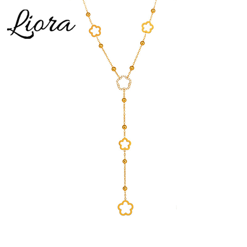Liora Long Flower ain Stainless Steel Zircon Necklaces For Women PVD Gold Plated Metal Female Collar