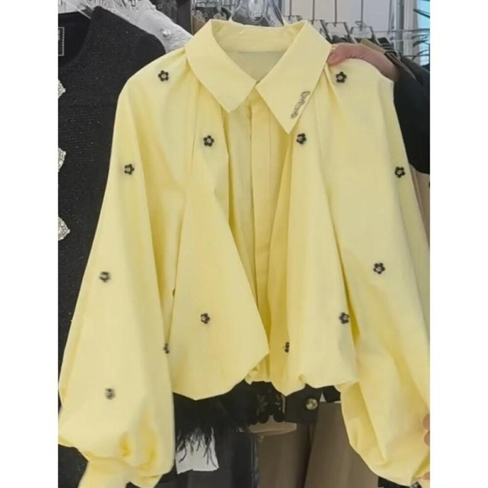 CHICMORE Atasan Kemeja Wanita Pendek Warna Kuning Bunga Bordir Lengan Puff Gaya Retro | Kemeja Bordi