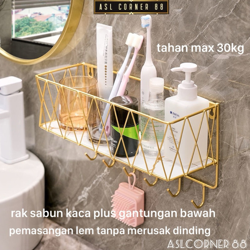WOLDANSHOP Rak Kamar Mandi Gold Alas Kaca Marble Putih Hitam / Rak Sabun Tembok Gold
