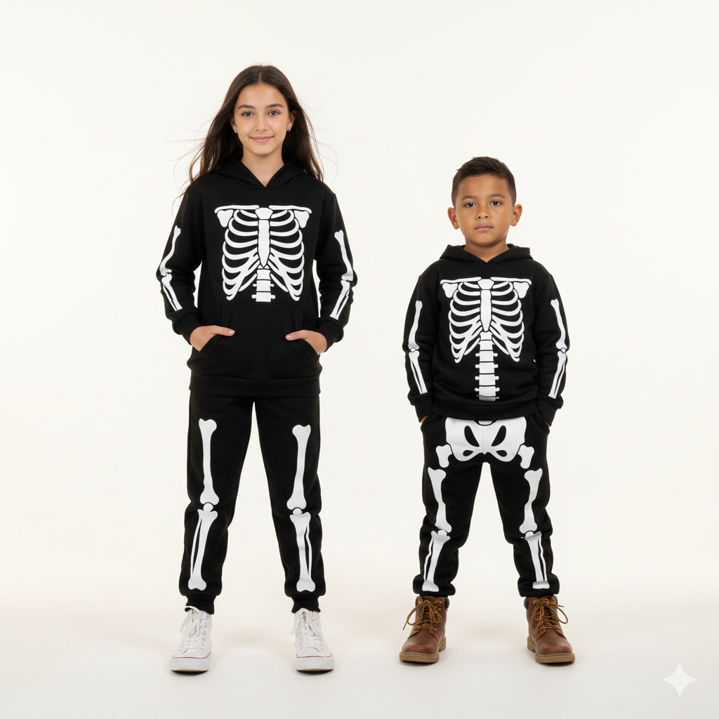 Setelan Anak Tengkorak Hoodie Lucu Premium Kostum Halloween 2025 Baju Anak Laki Perempuan Terbaru