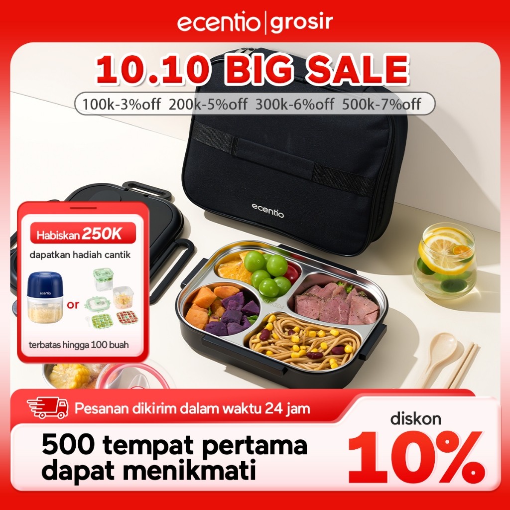 ECENTIO Tempat Makan 4 Grid Lunch Box Kotak Stainless Steel 304 1000ml / Lunch Box