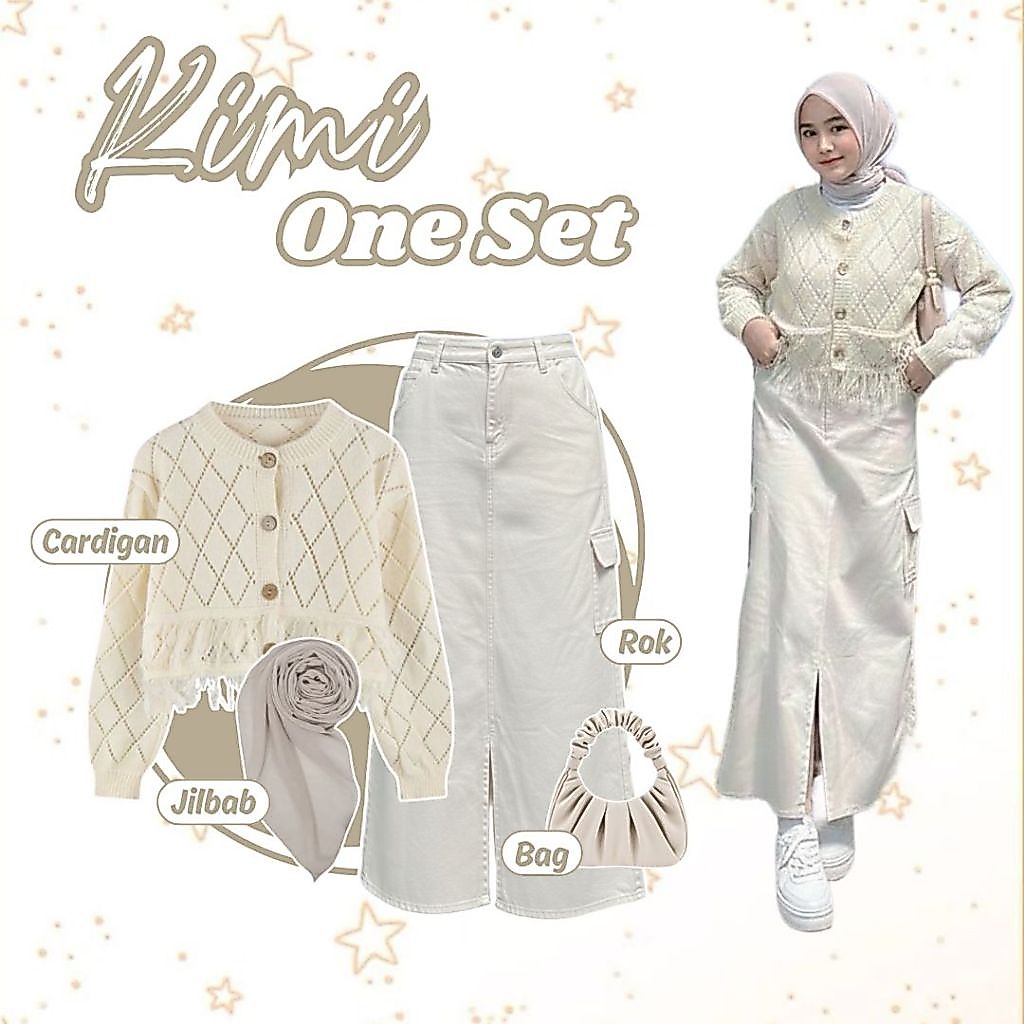 Kimi One Set ( Cardigan Rajut Crop + Rok Span Cargo + Bela Square ) Outfit Remaja Korean Style Hijab