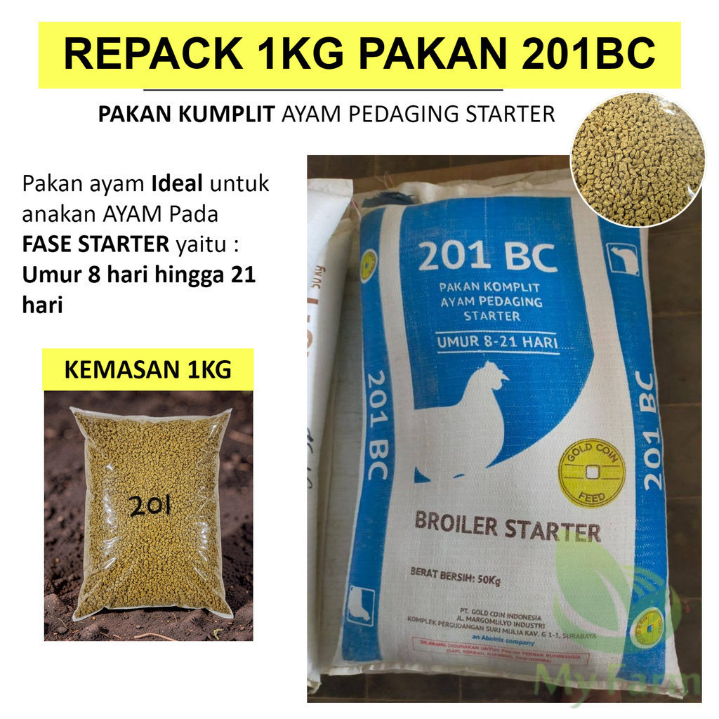 201 BC Gold Coin Kemasan Repack 1kg Voer Pakan Kumplit Buat Anak Ayam Kampung dan Pedaging  Starter