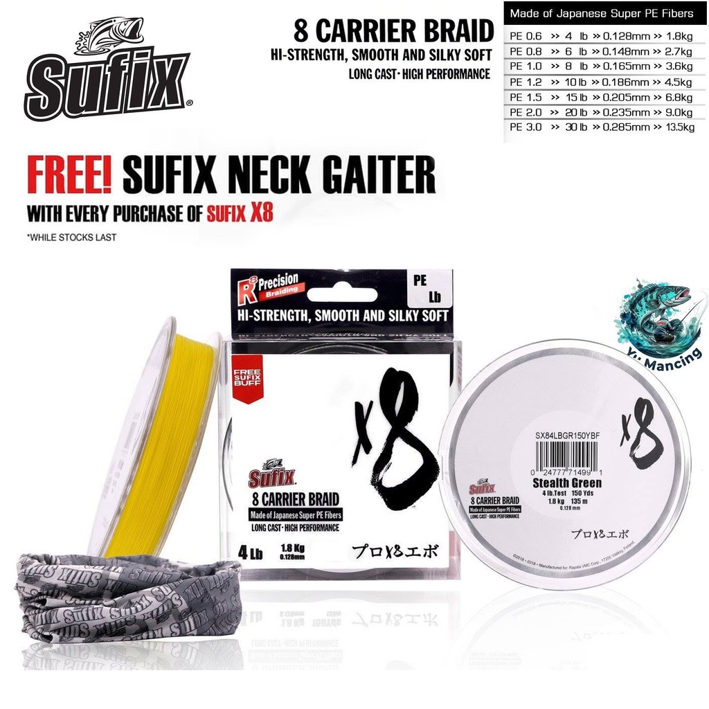 Senar PE Sufix X8 Carrier Braid 270m - Fishing Line 300Y 270m Gratis Buff Sufix
