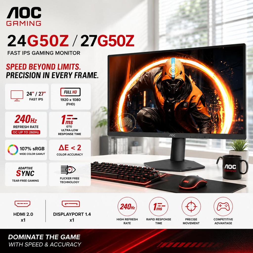 Monitor LED AOC 24G50Z 24" | 27G50Z 27" Fast IPS FHD 1080p 240Hz OC 260Hz 1ms HDMI 2.0x1 DP 1.4x1 10