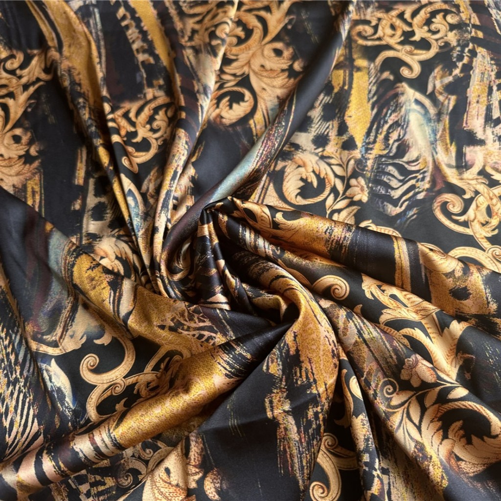 1 meter 95% Mulberry Silk 5% Spandex 22 momme Heavy Charmeuse Silk Fabric Vintage Black Printed 135c