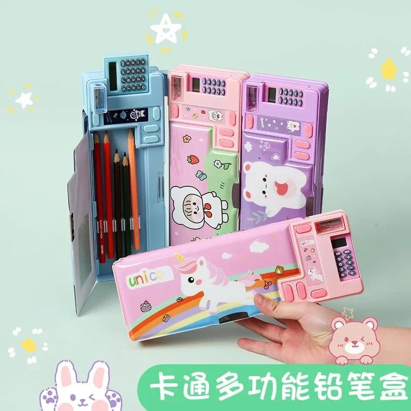 

2025 Double Layer Pencil Case Astronaut Animal Design Pencil Sharpener Pencil Box Plastic With Calculator Stationery Organizer