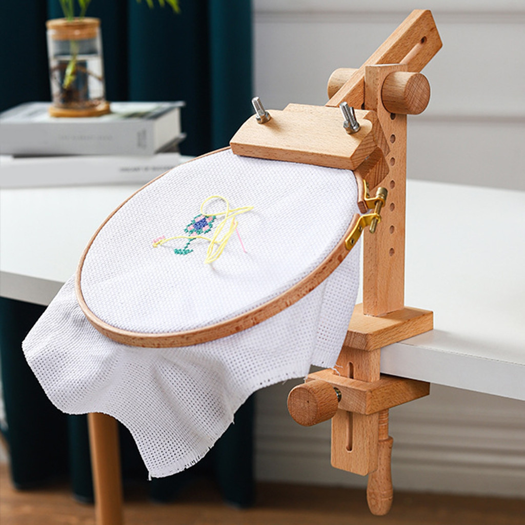 

360 Degree Rotation Adjustable Wooden Embroidery Hoop Desktop Stand Cross Stitch Rack Frames Rings Adults Mother Gifts Sewing