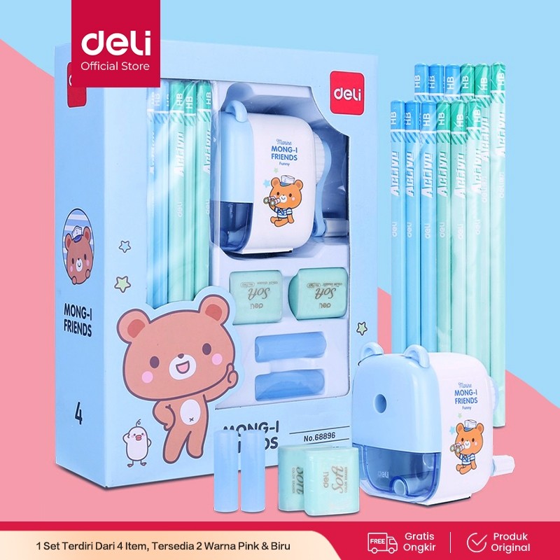 

New Deli Stationery set 4 in 1 rautan pensil 12pcs pensil 2 penghapus dan 2 penutup pena 68896Premium