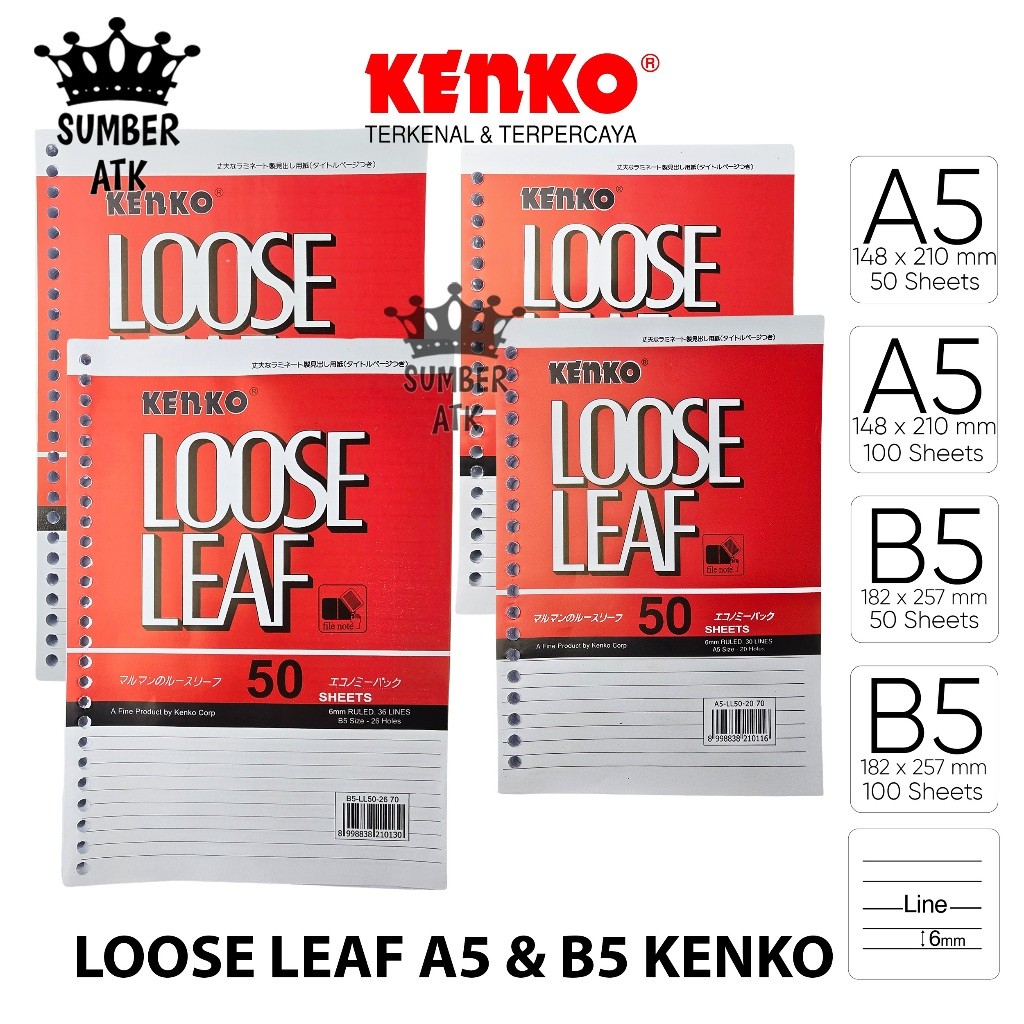 

TERLARIS Loose Leaf Isi Kertas File Binder KENKO Bergaris Kertas Binder A5 B5 50 100 Lembar