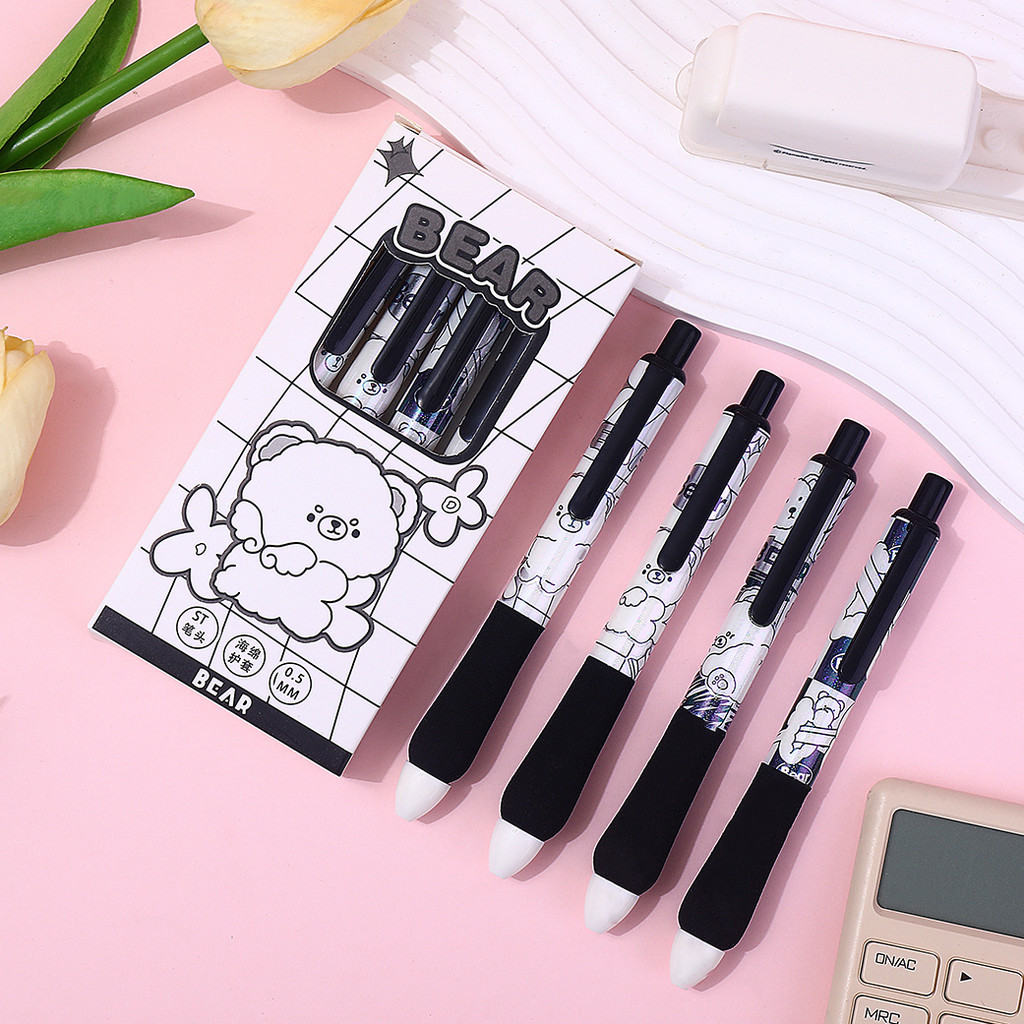 

-JOJU- PULPEN GEL 1 SET ISI 4 PCS DENGAN BANTALAN SUPER SOFT DAN LEMBUT TEMA MONOCHROME BEAR