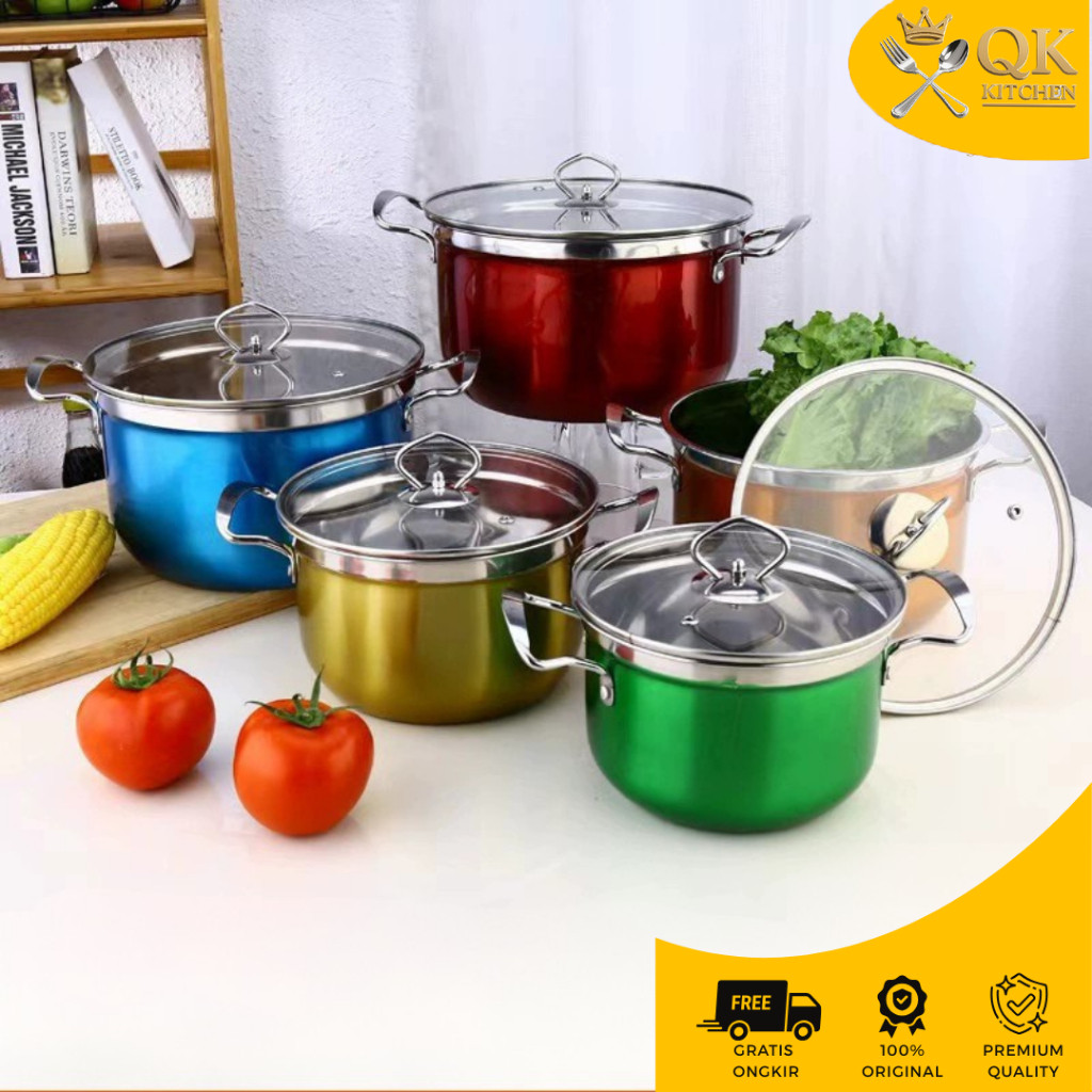Panci Korean High Pot 5 PCS Tutup Kaca / Panci Warna Double Bottom Tebal Bawah