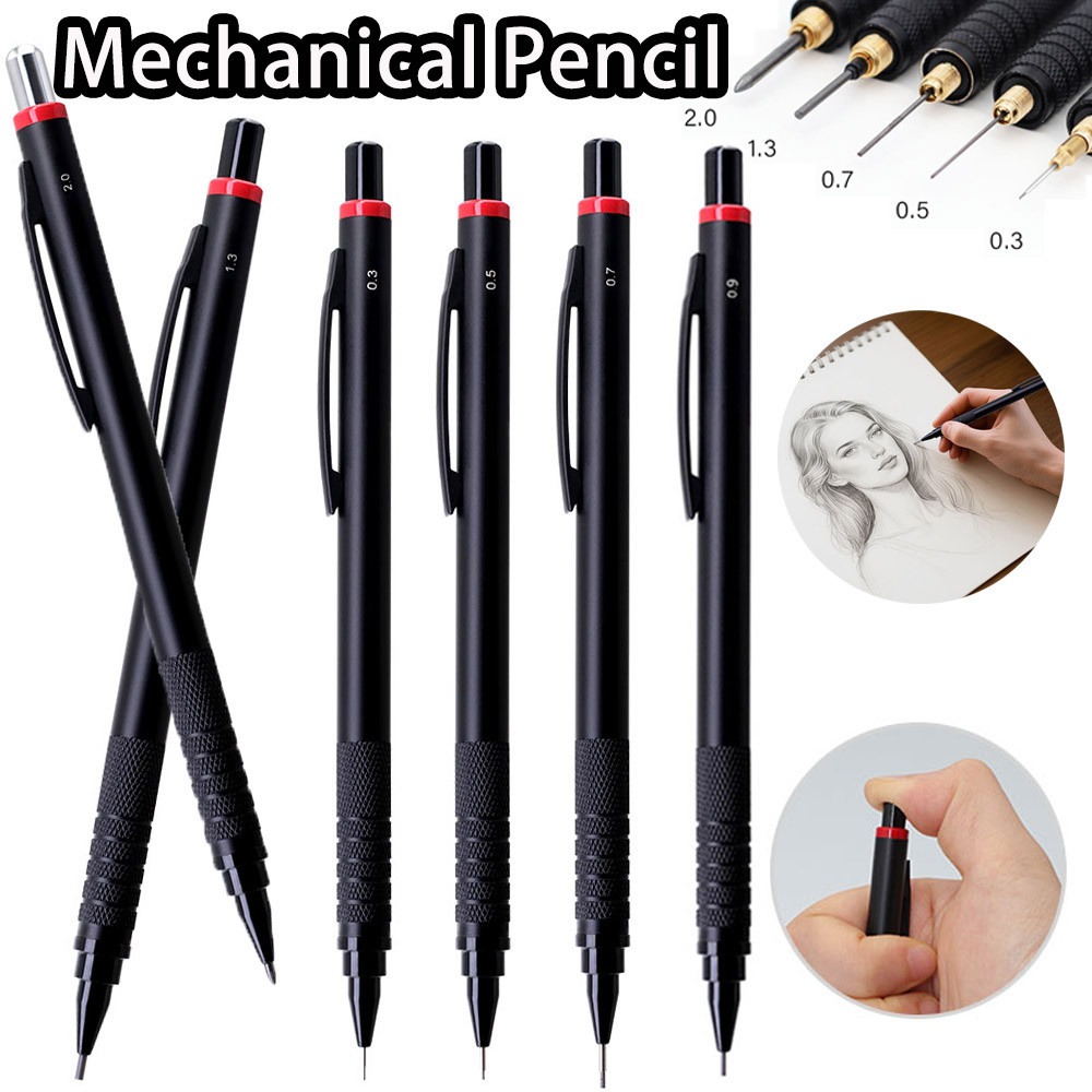 

Metal Black Mechanical Pencil 0.3/0.5/0.7/0.9/1.3/2.0mm Anti Slip Grip Built-in Pencil Sharpener Sketching Painting Stationery