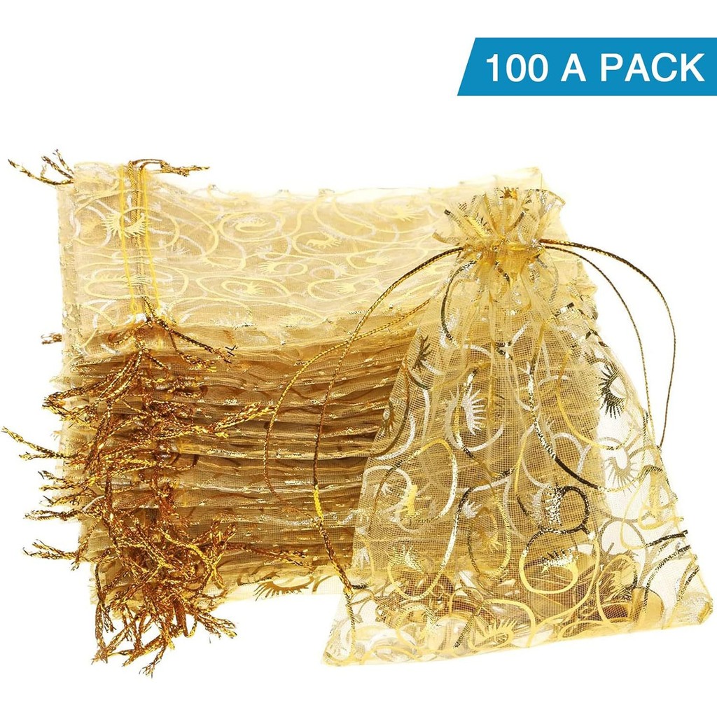 

25/50/100pcs Gold Color Organza Gift Bag Jewelry Gifts Pouches For Wedding Party Candy Bag Jewelry Packing Wholesal