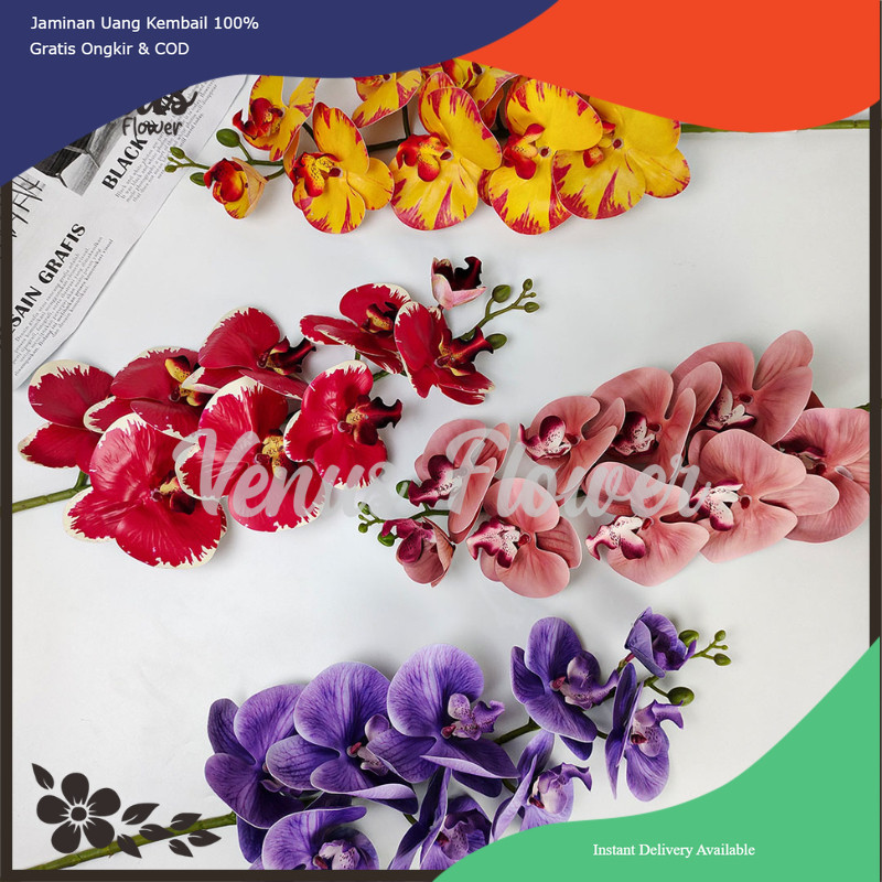 TERMURAH Orchid Cymbidium Flower Artificial 7 Kuntum Bunga Anggrek Bulan Latex Palsu Import Premium