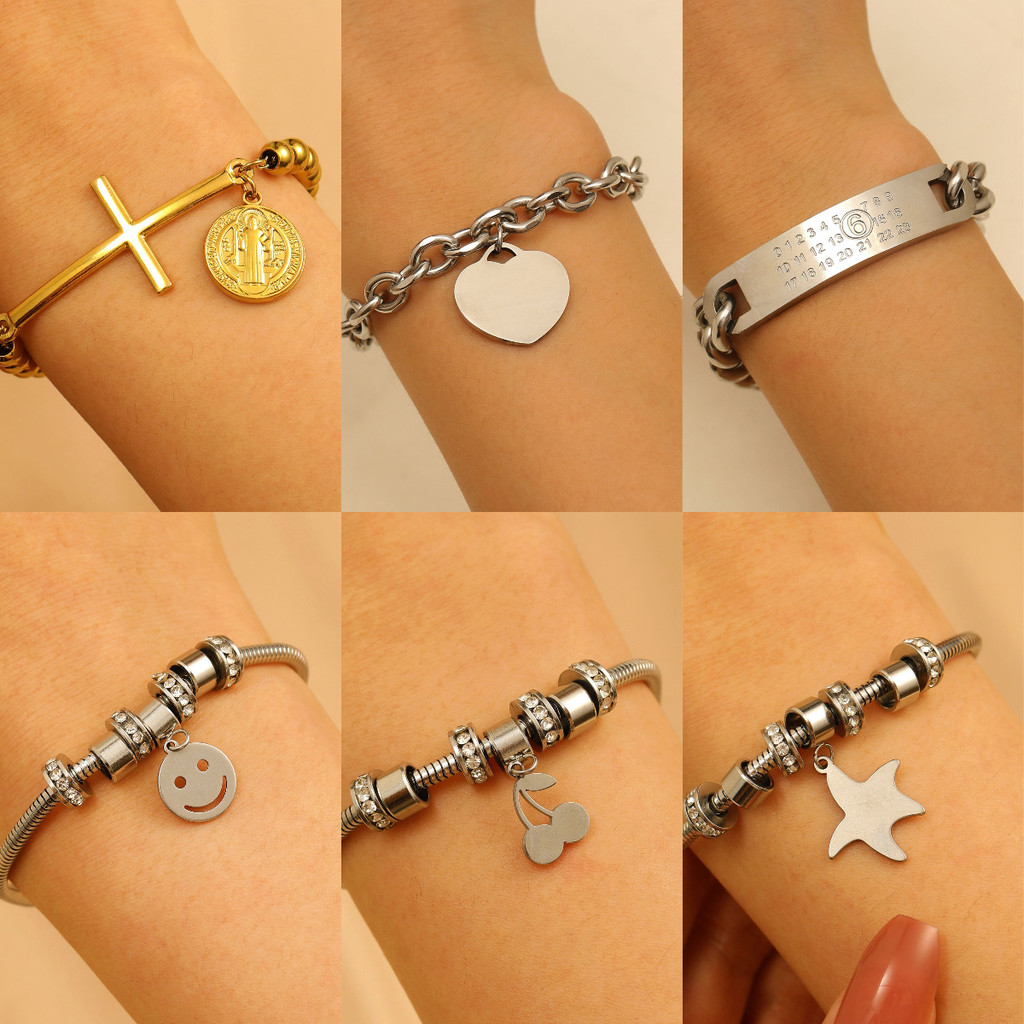 Gelang stainless steel manik-manik bulat wanita manik-manik gelang pria cross tag Pan Jiafeng perhia