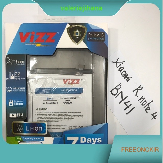 Baterai VIZZ Xiaomi Redmi note 4 BN41 double power