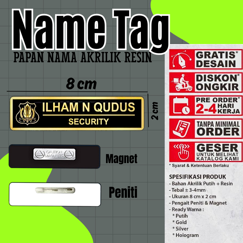 Name Tag /Nama Dada /Akrilik-Kuningan-Stainless-Peniti-Magnet