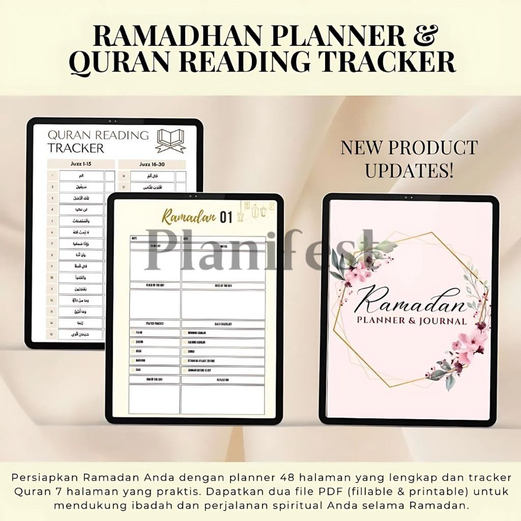 Ramadhan Planner & Quran Reading Tracker – Printable & Fillable Tema Bunga, 55 Halaman siap dicetak