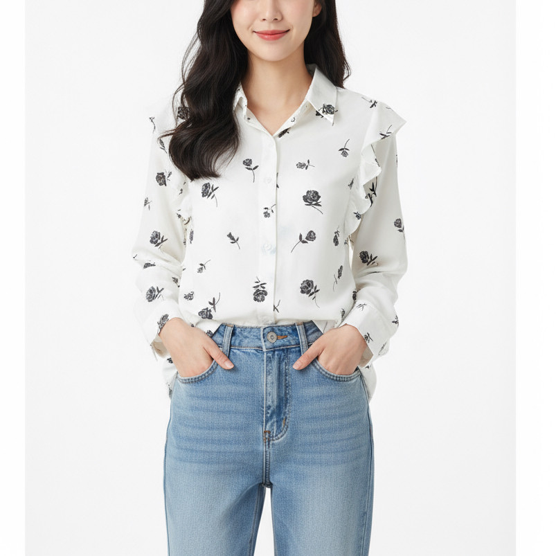 LAPAKSHOP Kemeja Wanita Motif Bunga Korean Style / Top Atasan Wanita Kekinian /  Kemeja Bunga Wanita