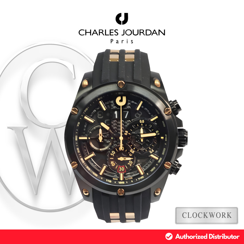 Jam Tangan Pria Charles Jourdan CJ1036-1732C Karet Sporty Casual Kombinasi Hitam dan Gold