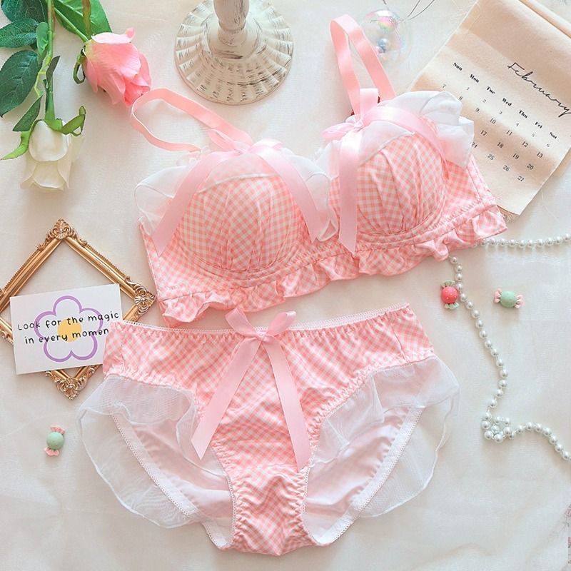 [COD]Set bra wanita baru dengan dasi kupu-kupu, bra kotak-kotak lucu, push-up, tanpa kawat.