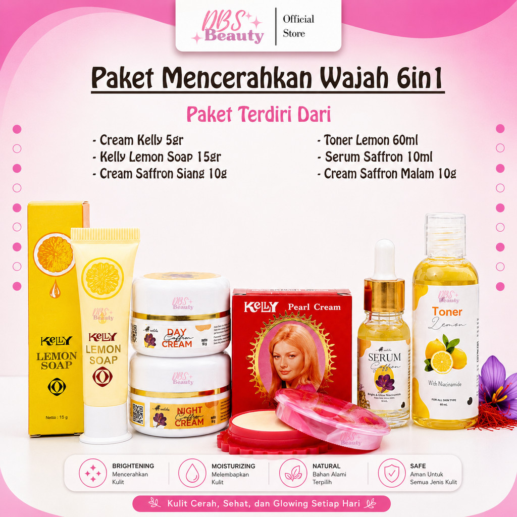 Paket Mencerahkan Wajah 6in1 Kelly Lemon Soap 15gr - Cream Kelly 5gr - Cream Siang Malam Saffron - T
