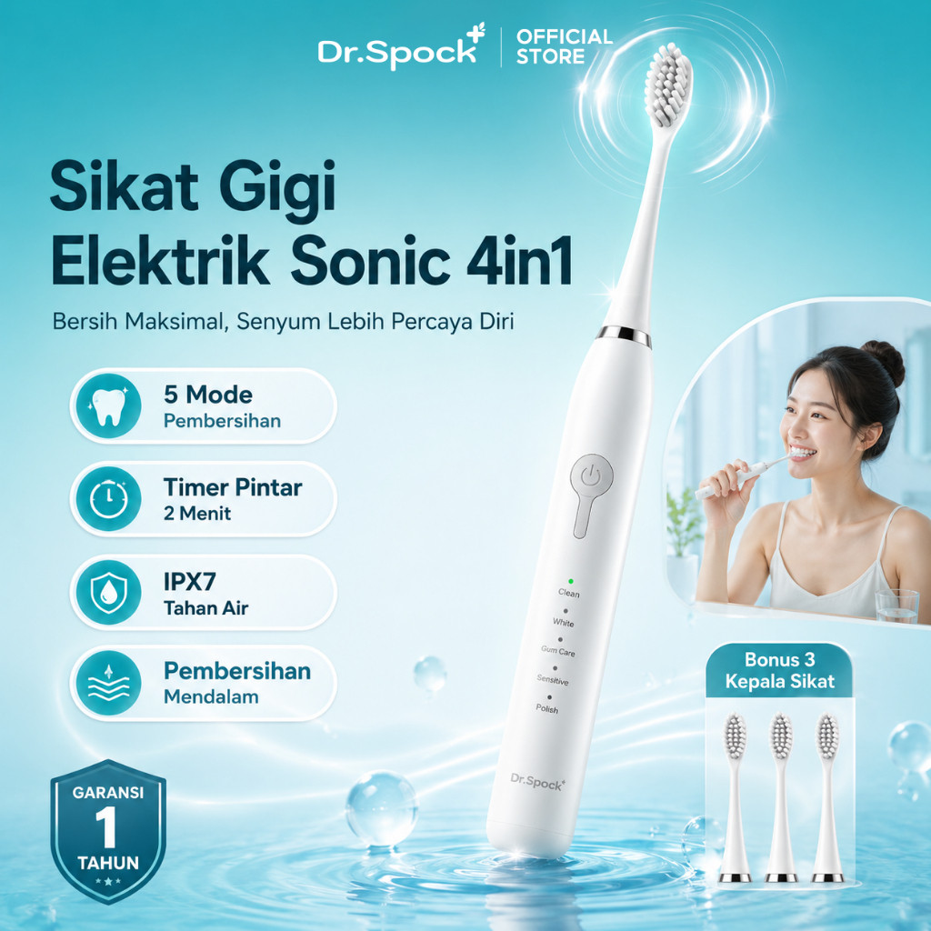 Dr.Spock ET02 Sikat Gigi Elektrik Sonic 48000 Getaran 5 Mode IPX7 Waterproof Type-C 2800mAh Pemutih 