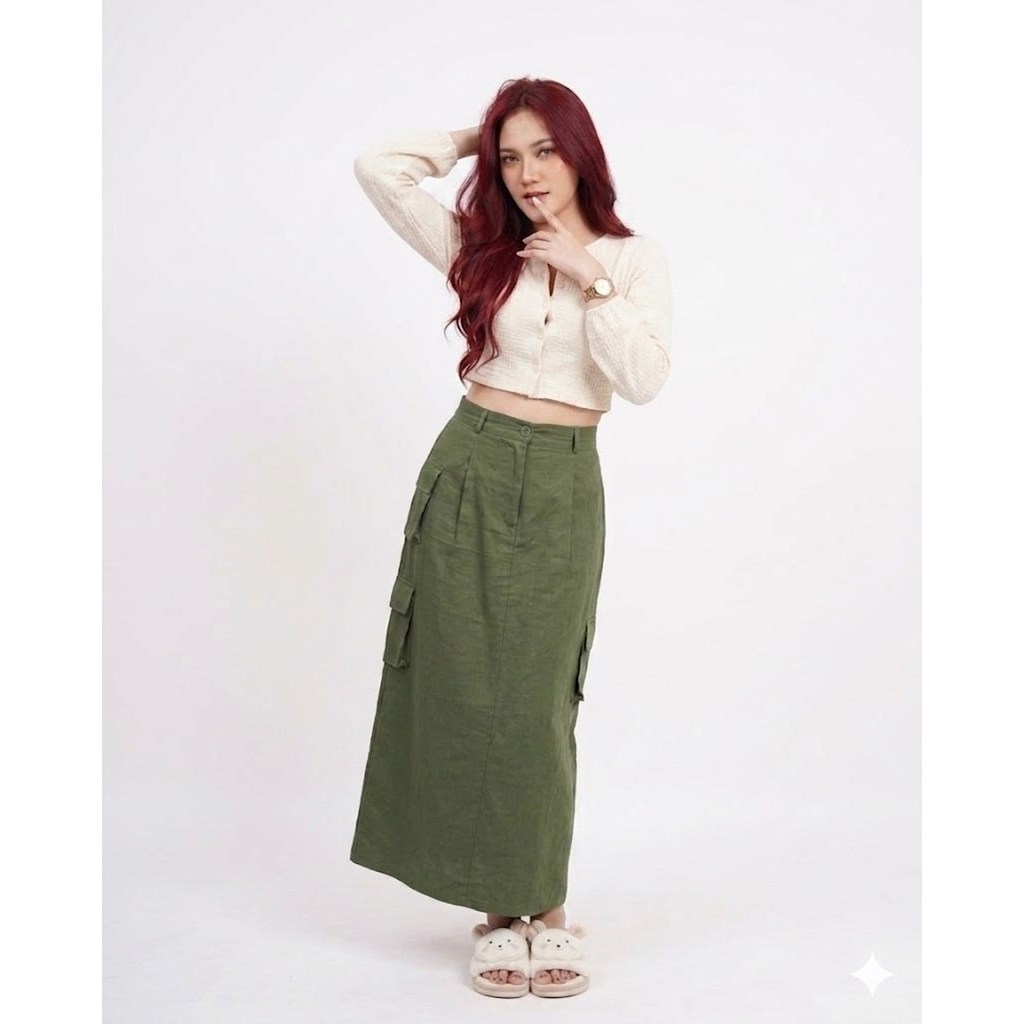 Rok Span Cargo - Rok Cargo Muslimah  Bahan Linen Crinckle Terbaru Kekinian Korean Style