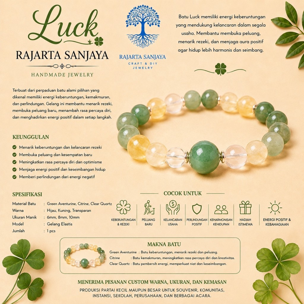 Gelang Luck Stone Natural Green Aventurine Citrine Clear Quartz