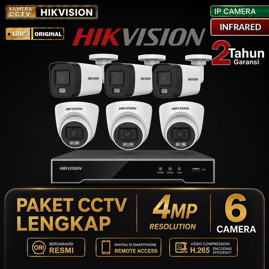 Paket CCTV HIKVISION IP Camera Infrared 4MP 8 Channel 6 Kamera