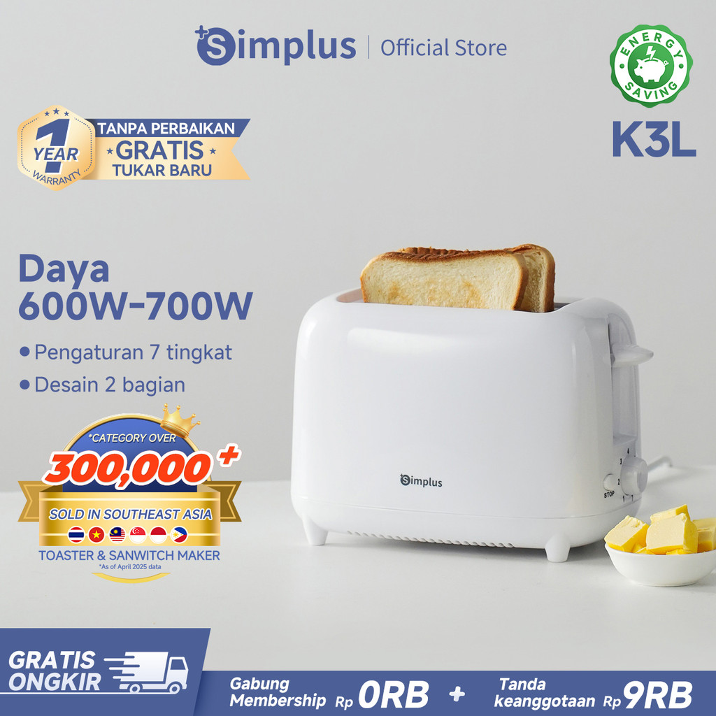 Simplus Toaster Pemanggang Roti Elektrik Otomatis Sandwich Low Watt 7 Tingkat Suhu 2 Slot