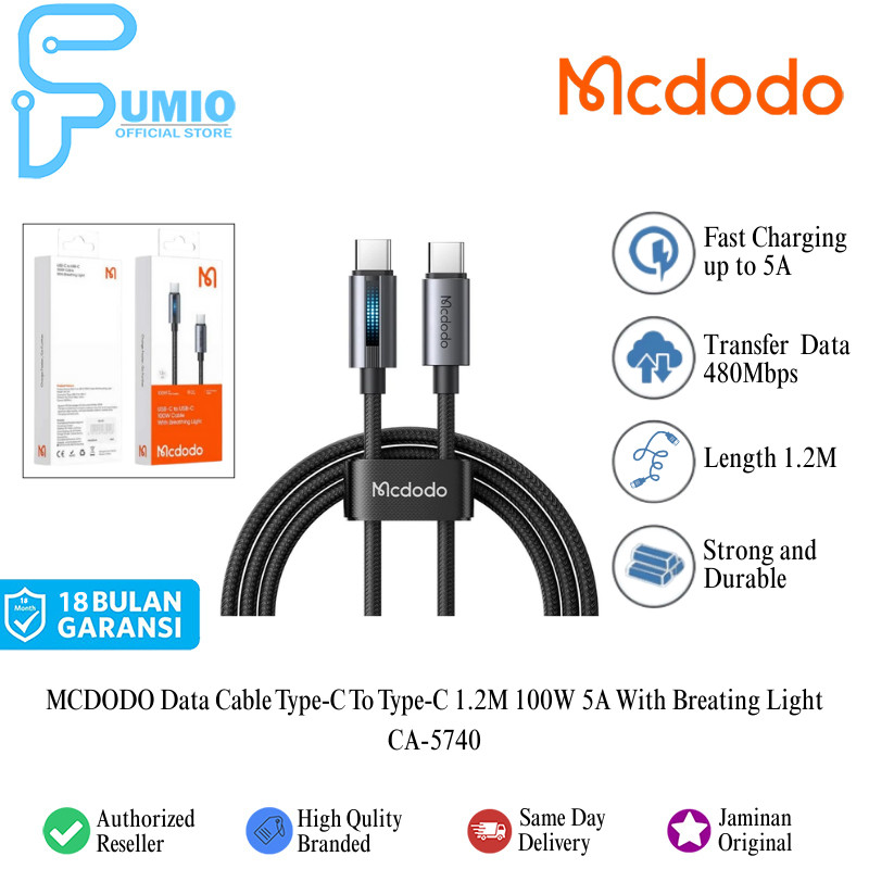 MCDODO Kabel Data CA-5740 Type-C to Type-C 100W 5A Fast Charging PD Quick Charge 1.2M LED Light