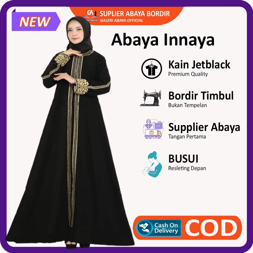 Baju Gamis Abaya Hitam Syari Arab Fashion Wanita Dress Muslim Abaya Jetblack Dubai 2021 Innaya