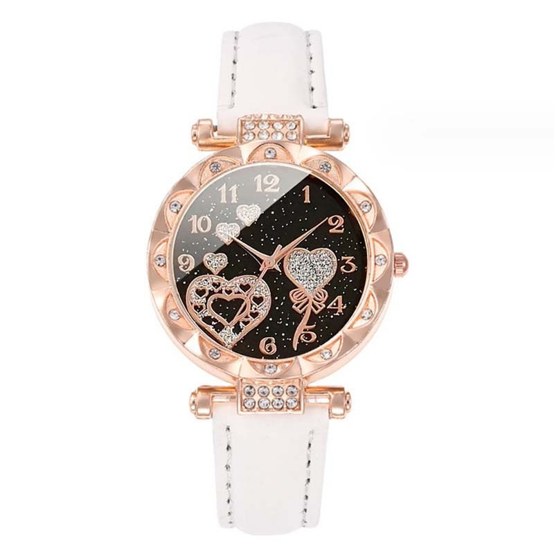New 5Pcs Jam Tangan Kuarsa Wanita Berlian Dial Cinta Tali Kulit Jam Tangan Fashion Set Perhiasan