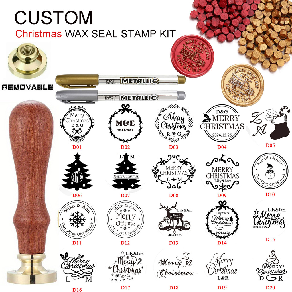 

Christmas Wax Seal Kit - Custom Wax Seal Stamp and Wooden Handle, 100 Antique Gold, 100 Metallic Wine Red Wax Seal Beads, 2 Pen