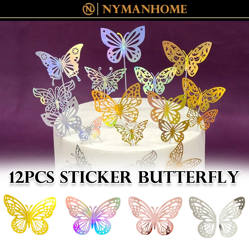 

12pcs Sticker Butterfly 3D Kupu-kupu / Yang Kreatif Dalam Dekorasi Plugin Kue Pesta Selamat