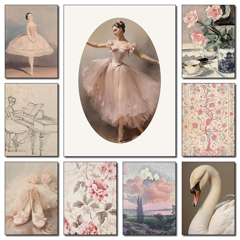 

Girl Ballet Art Pink Vintage Nursery Poster Flower Horse Play Piano Prints Canvas Painting Wall Picture Living Room Home Decor