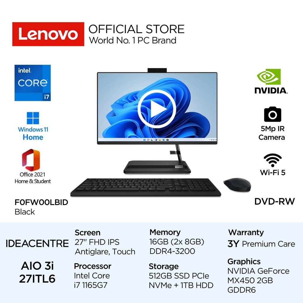 Lenovo PC IdeaCentre AIO 3i 27ITL6 Intel Core i7 1165G7 Win11 Home 16GB 512GB SSD 1TB HDD 27" FHD IP
